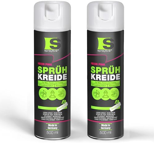 Spraytive Lot de 2 sprays de craie en spray de 500 ml rose fluo – Peinture à la craie lavable pour extérieur, marquage de sol, spray de marquage temporaire pour asphalte, herbe, béton