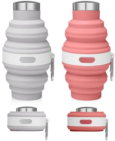 Udbrud 2 Piezas Botella de Agua Plegable Silicona, Taza de Camping con Mosquetón, Botella de Agua Plegable Libre De BPA para Viajes 500 ml, Vasos Plegables con Tapas para Fitness (Rosa, Gris)