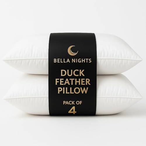 Bella Nights Duck Feather & Down Pillows – Pack of 2 Luxury Bed Pillows with 85% Feather & 15% Down Filling – 100% Microfibre Cover – Soft Supportive Pillow Pair – Standard Size 48x74cm (Pack Of 4)