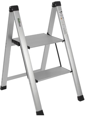 TRUTZHOLM Alu-Trittleiter 2-stufig, klappbar, 150 kg, TÜV/GS geprüft | Alu-Klapptritt mit 26 x 32 cm Trittfläche, Anti-Rutsch-Füßen und Sicherheitsverriegelung, nur 3,23 kg leicht und 5 cm schmal