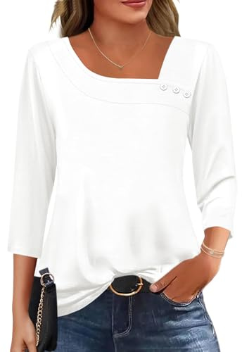 Kistore White Tops for Women Solid Shirts Asymmetrical Neck Tunic Blouse 3/4 Long Sleeve Basic Casual Business Tops Summer Outfits S