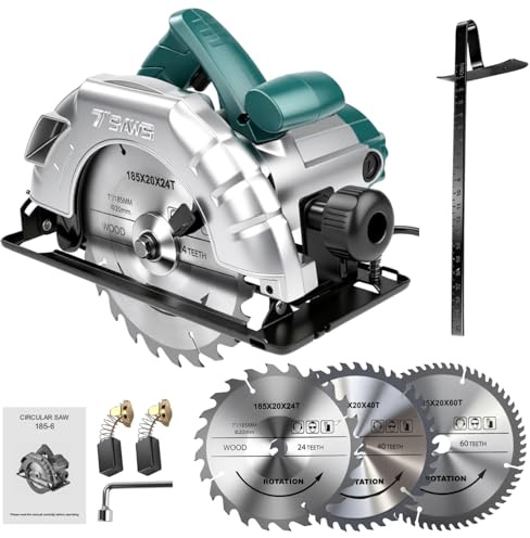 VOBOR 1200W Handkreissäge mit Führung, 5200RPM, Einstellbare Schnitttiefe und Winkel, 60 mm (90°) - 45 mm (45°), Sägeblatt Ø: 185mm, inkl 3x Kreissägeblatt, Absaugadapter, Parallelanschlag, Schlüssel