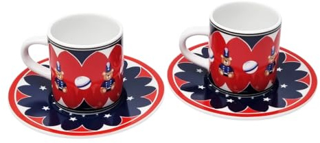 Bialetti Set aus 2 Kaffeetassen und passenden Untertassen, Design mit Bären Joyful Memories aus Keramik, 70 ml, waschbar