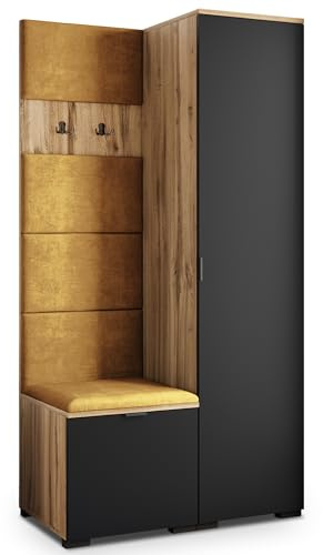 Masseno Flugarderoben Set Lori, Kleiderschrank-Set mit Sitzbank, Garderobenschrank Flur mit 3 Regalböden, Eiche Wotan/Schwarz
