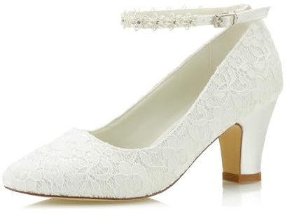JIAJIA 62311A Scarpe da Sposa da Donna Punta Chiusa 7cm Tacco Grosso Décolleté di Raso in Pizzo Fiore di Raso Fiore di Raso Colore Avorio, Taglia 42 EU