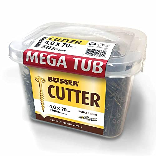 Reisser 8221470MT Mega Tub-Cutter Csk Pozi Yellow Woodscrews 4.0 x 70 mm (1500 Pieces) c/w 2 x 25 mm bits