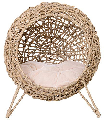 PawHut Panier Chat lit surélevé Chat Cosy Niche Grotte Grand Confort dim. Ø 52 x 58H cm Coussin Moelleux Inclus résine tressée Imitation rotin Beige