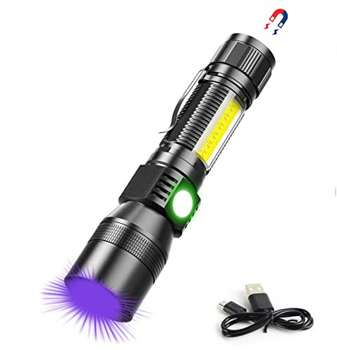 UV Flashlight Blacklight, USB Rechargeable Flashlights Magnetic Flashlight with ‎SideLight, 1000LM Flashlight Black Light, COB Work Light, Zoomable, Waterproof Worklight, Pet Urine