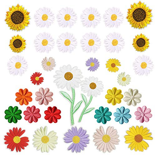 Woohome Blume Patches zum Aufbügeln, 35 Stück Gänseblümchen Sonnenblume Bügelflicken Applikation Gestickten Aufnäher für T-Shirt Jeans Taschen Kleidung