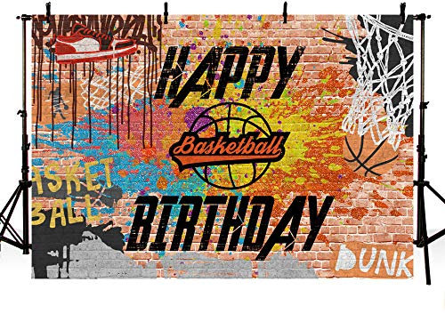 MEHOFOND Basketball-Thema Happy Birthday Party Dekoration Hintergrund für Jungen Ziegelwand Graffiti Turnschuhe Fotografie Hintergrund Banner Fotostudio Requisiten Vinyl 2,1 x 1,5 m