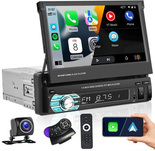 Hikity Carplay Radio Coche 1 DIN con CarPlay y Android Auto, Autoradio Pantalla Retráctil de 7 Pulgadas con FM Enlace Espejo Bluetooth Radio FM SD USB AUX-In + Cámara Visión Trasera