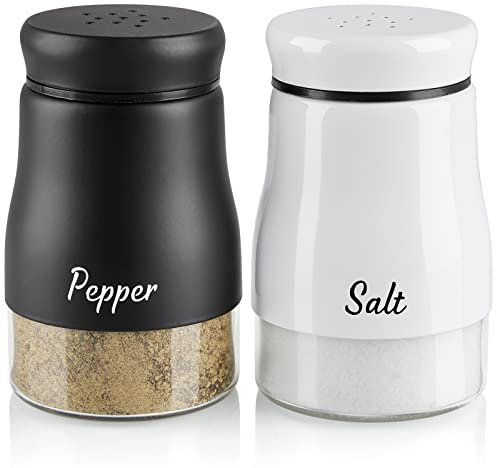 Bivvclaz - Juego de salero y pimentero, dispensador de sal y pimentero de 5 onzas con parte inferior de vidrio, bonitos saleros y pimenteros para decoración moderna del hogar y cocina, fácil de llenar