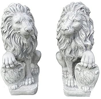 Sonderangebot Massive Steinfiguren Löwen Paar mit Schild Torwächter Steinguss Gartendeko Deko-Figur für Haus Garten Moderne Statue Garten-Figur