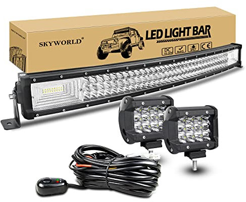 SKYWORLD 32 Zoll LED Arbeitsscheinwerfer Bar Gebogen Off-Road Zusazuscheinwefer 12V 24V, 2 X 4 Zoll Spot Led Scheinwerfer Arbeitslichtleiste + Kabelbaum Kit für 4x4 4WD Traktor LKW ATV UTV Fahrzeuge