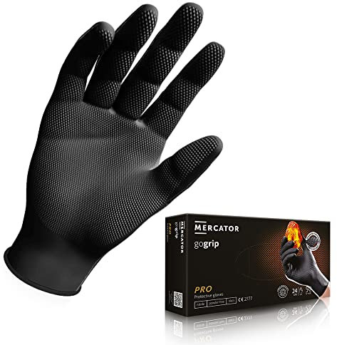MERCATOR MEDICAL MERCATOR GoGrip Nitrilhandschuhe, schwarz, puderfreie Einweghandschuhe, Größe L – 500 Stück, latexfrei, 2 x dickere Nitrilhandschuhe, Diamantstruktur