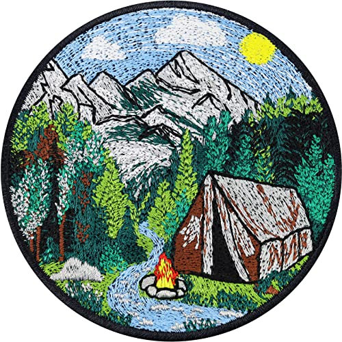CAMPING Aufnäher Alpen Aufkleber Bergliebe | Wetterfestes Bügelbild bestickt Naturfreunde Patch Applikation zum aufbügeln | Umweltschutz Aufbügler Zelten Abzeichen Klima Schutz | 80x80mm