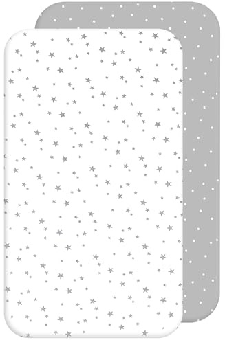 Lovely Hippo 2X Baby Spannbettlaken – 100% Baumwolle, Weich & Atmungsaktiv – Set 2X - Kompatibel mit Chicco & Kinderkraft (Graue Sterne, 50 x 83 cm)