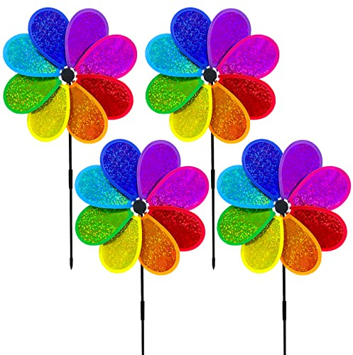 4PCS Flower Wind Spinner Sparkly Lawn Pinwheel 11.8 inch Colorful Rainbow Garden Windmill for Garden, Party, Outdoor, Yard Decor