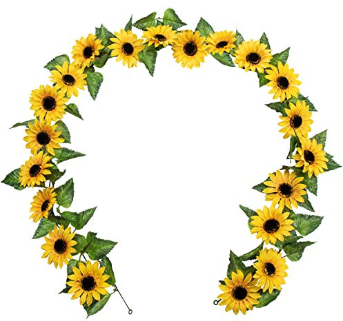 Oairse 2er-Pack Kunstblumen wie echt Künstliche Sonnenblumengirlande 183cm, Jede Girlande mit 10 Sonnenblumen Ø10cm, Kunstblumen für Zuhause, Hochzeit, Party-Wandbogen-Dekoration