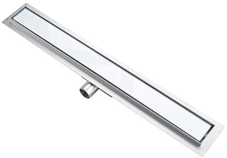 ADGO Sleek Duschablauf, Linear, Voll Rost, Duschabfluss, Bodenablauf, Randablauf, Abfluss in der Dusche, Duschrinne, Edelstahl, Rechteckig (1000 mm, Weißes Glas)