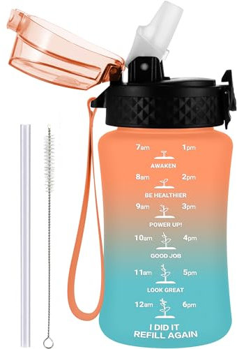GOPPUS 350ml/12oz Botellas Agua para Niños con Pajita Sin BPA Botella Bebidas a Prueba Fugas para la Escuela Tritan Niña Niño Botella de Agua Deportiva Reutilizable Pequeños con Marcas de Tiempo