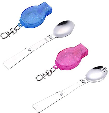 2 Piezas Tenedores y Cucharas Plegables, Cucharas de Ensalada Plegables, Vajilla Plegable, Duradero y Fuerte, für Pícnic Al Aire Libre, Oficina, Comidas Escolares (Rosa, Azul)