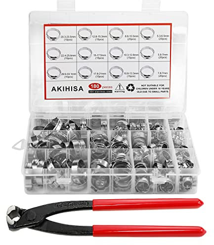 AKIHISA 180 PCS Single Ear Hose Clamps, 12 Sizes 5.3-33.1mm Crimp Hose Clamps with Ear Clamps Pincer, 304 Stainless Steel Crimp Pinch Fitting Tools Kit