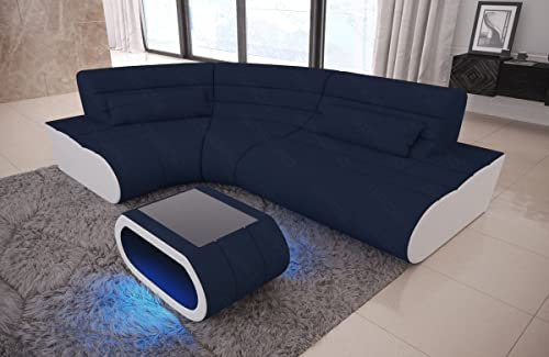 Sofa Concept Mini - mit LED Beleuchtung, Mikrofaser/Ausrichtung wählbar (Ecke Links, Weiss-Dunkelblau)