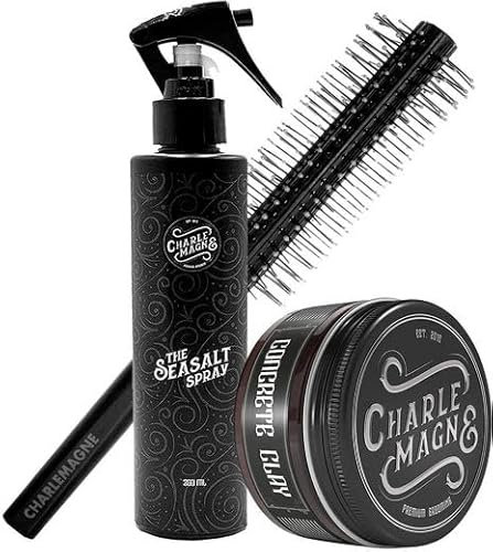 Charlemagne Haarstyling Bundle - Bestehend aus Concrete Clay, Sea Salt Spray & Rundbürste/Stylingbürste - Haarstyling Männer Geschenkset - Geschenk Männer/Geschenk Set - Seasaltspray Männer