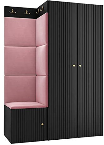 Mirjan24 Garderoben-Set Kirtan Slim XXIII, Kleiderschrank, Schuhschrank mit 3 Fächer + Kleiderhakenbrett, Gepolstertes Wandpaneel, 8 Doppelhaken Flurgarderobe Wandgarderobe (Schwarz, Manila 09)