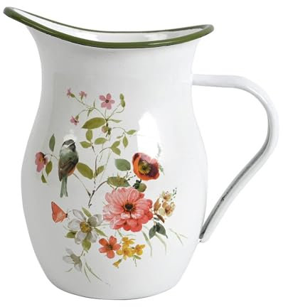 Emaille-Krug mit breitem Griff, Vintage-Stil, Metall, Bauernhaus-Krug, Vase, Blumendekoration für Tischplatte, Büro, Zuhause, Geschenk und Eistee, Kaffee, kalte Getränke