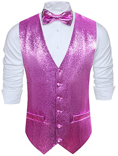 Barry.Wang Glänzende Herren-Weste mit Pailletten, Fliege, Set, glitzernd, lässig, Weste, Festival, Disco, Party, Abschlussball, violett, rot, S