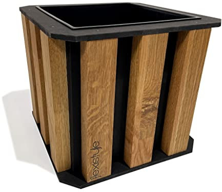 FLEXISTYLE Blumentopf Lamele Natur Gross hoch Balkon Outdoor Holz Eiche lang eckig quadratisch (Schwarz 22x22x20cm)