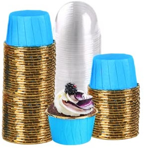 100 Pack 3.5 Oz Foil Baking Cups with Dome Lids Disposable Mini Cupcake Liner Muffin Tins Liners Cupcake Wrappers for Wedding Birthday Valentine,Blue