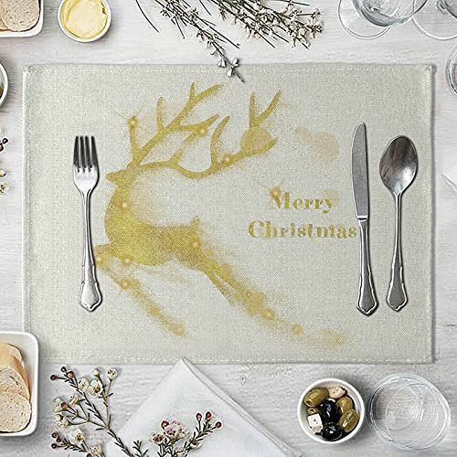 Lieson Abwaschbar Tischsets, Platzdeckchen Baumwolle Leinen 8er Set Merry Christmas Hirsch Muster rutschfest Hitzebeständig Tisch-Set für Küche Speisetisch 32x42CM Gelb
