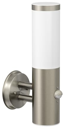 ledscom.de Wandleuchte PORU für außen, Edelstahl, rund, Bewegungsmelder, inkl. E27 Lampe, Energieeffizienzklasse A (warmweiß, 4W, 935lm)