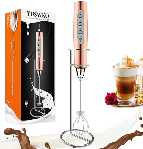 YUSWKO Rose Gold Handheld Milk Frother Wand with Stand for Coffee, Rechargeable Electric Whisk with 3 Heads 3 Speeds Drink Mixer Coffee Frother For Latte, Cappuccino, Hot Chocolate, Egg