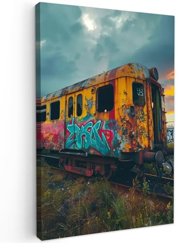 MuchoWow© Bild auf Leinwand 60x90 cm Schlafzimmer Bilder Badezimmer Wand Deko Wohnzimmer Modern Wanddeko Bilderwand Geschenk Graffiti - Zug - Street Art - Neon - Urban
