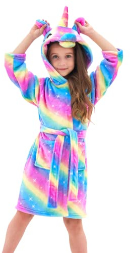 Ceruwum Peignoir Licorne pour Filles Robes de Chambre en Molleton Doux avec Capuche (Arc-en-ciel, 6-7 ans)