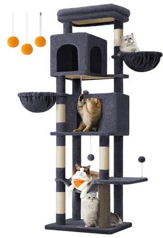 Feandrea Arbre à Chat, Tour à Chat de 175 cm de Haut, Multi-Niveaux, avec 2 Niches, 2 Paniers, 5 Griffoirs, Toilettage Autonome, Perchoir, Hamac, Gris Foncé PCT182G02