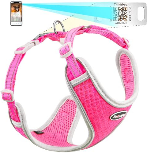 ThinkPet Hundegeschirr, reflektierend, atmungsaktiv, weiches Air-Mesh mit QR-Code, Hundemarke, Erstickungsfrei, für Welpen, kleine, mittelgroße Hunde und Katzen, Größe L, Rosenrot