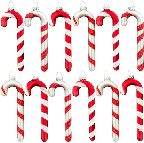 MIJOMA 12er Set Glas-Zuckerstangen, Christbaumschmuck in Rot/Weiß/Silber, Klassisch Diagonal Gestreift, Weihnachtsanhänger mit Charme, 11x4 cm