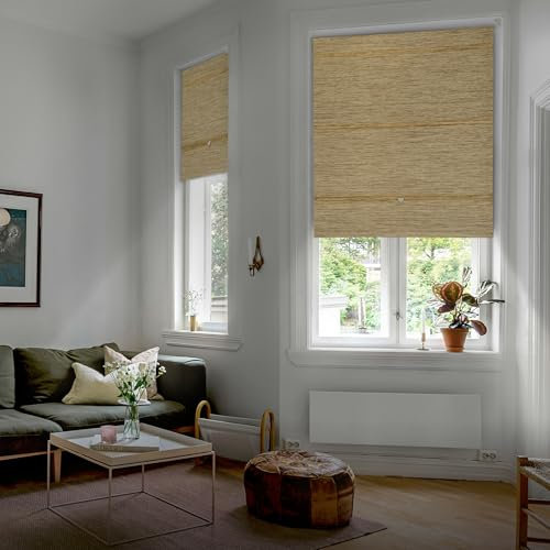 GoDear Design 99.99% Blackout Magnetic Roman Blinds, No Drill Cordless Woven Fabric for Windows, French Doors, Bedroom, Living Room, Kitchen, Thermal Insulation, 58.4W x 165 L cm, Ocher