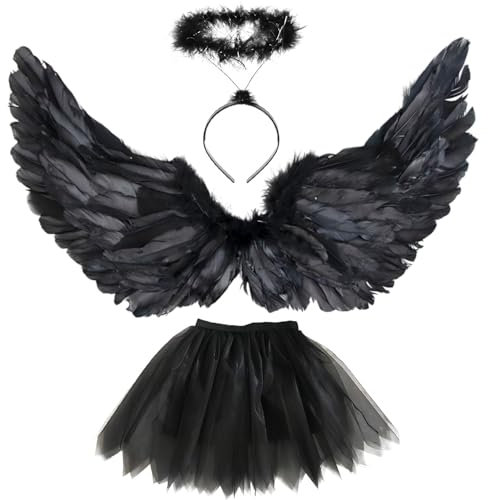 Sunshine smile Disfraz de ángel negro para adultos, 3 unidades de disfraz de ángel negro, 80 cm de vuelo de ángel, falda de tul de 80 – 130 cm, alas de ángel para mujer, alas de ángel para adultos,