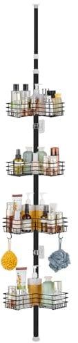 PORUGE Étagère de Douche Télescopique Réglable en Hauteur 85-325cm, Sans Perçage, Métal Avec 4 Paniers Pour Salle de Bain, Noir