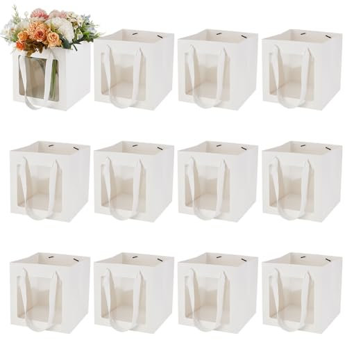 GOMAKERER 12pz Sacchetti Regalo In Carta Kraft con Finestra Trasparente, 20x20x20cm Sacchetti Regalo Bianchi con Manici Sacchetti per La Spesa In Carta Kraft per Regali Floreali Caramelle Festival