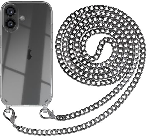 EAZY CASE Handykette kompatibel mit iPhone 16 Handyhülle mit Metall Umhängeband und Ersatz Kordel schwarz, Handykordel mit Schutzhülle, Stylische Kette, Metall - Anthrazit