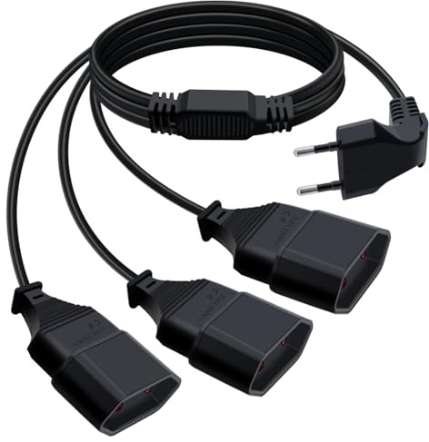 HuaLiSi Câble D'extension Euro 3 en 1 Rallonge 3 Prise Euro Coudée à 90° 2.5A 250V Rallonge Euro 3 Way 2x0.75 mm² pour Appareils Ménagers, Téléviseurs, Ordinateurs Etc (Noir, 1.5m)
