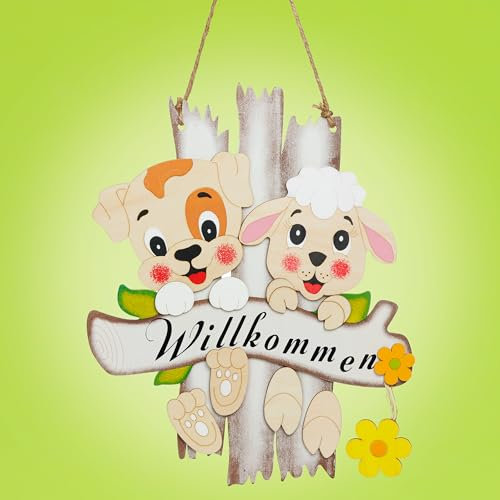 SIKORA DK04 fröhliches Frühjahrs Ostern Holz Türschild zum Aufhängen mit Tierbabys WILLKOMMEN H: 36cm