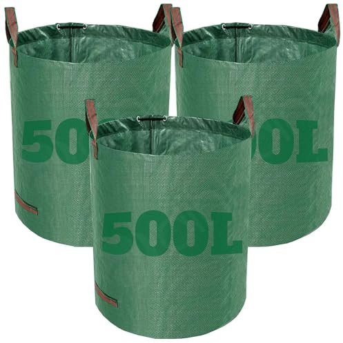 Dihl Lot de 3 sacs poubelle réutilisables en polypropylène tissé pour déchets, herbe, feuilles et plus encore Vert 500 l